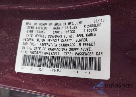 2013 Honda Accord Sport из США, поврежденный, VIN 1HGCR2F58DA232901